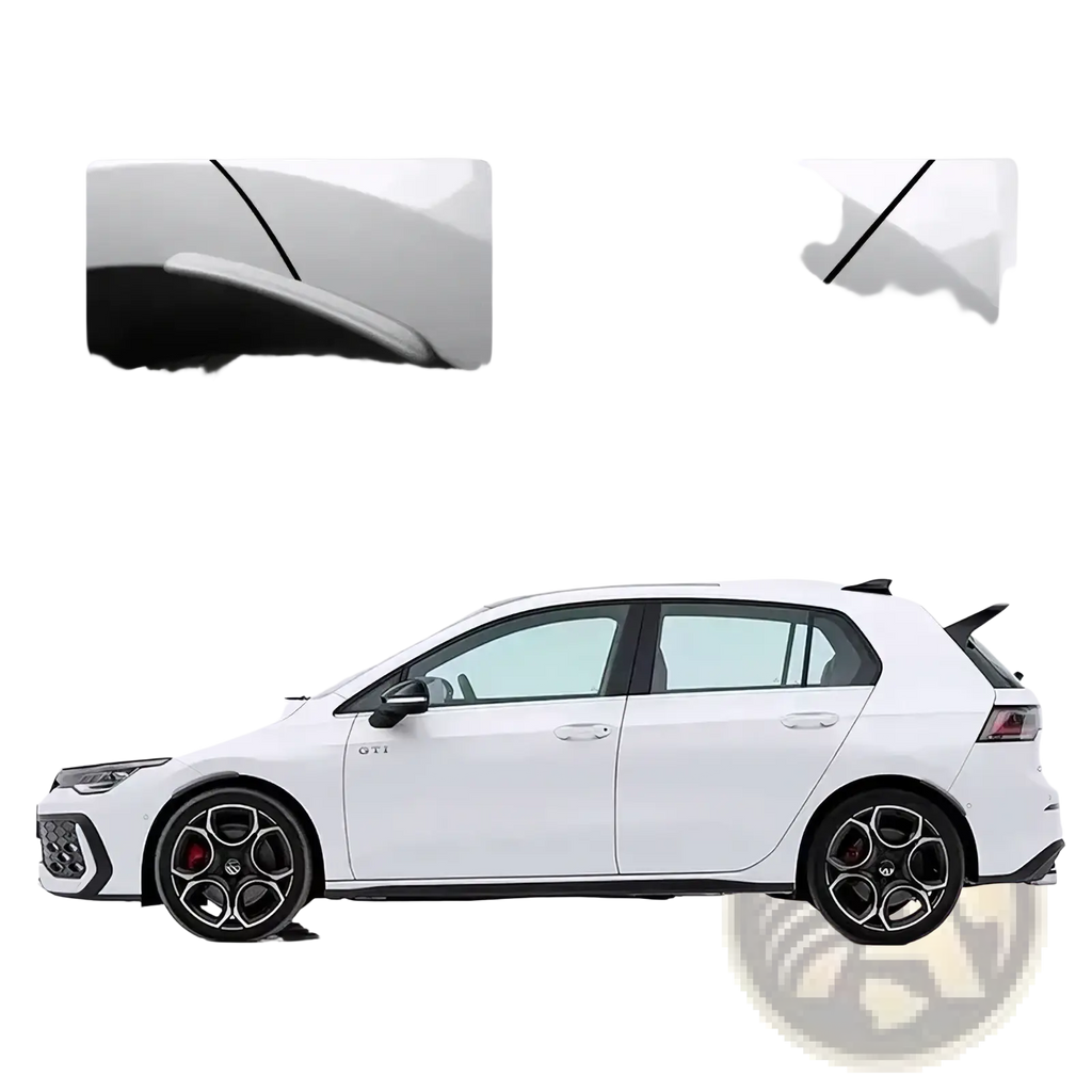 White Volkswagen Golf 8 with black alloy wheels and red brake calipers featuring Fender flares mud flaps arch trim