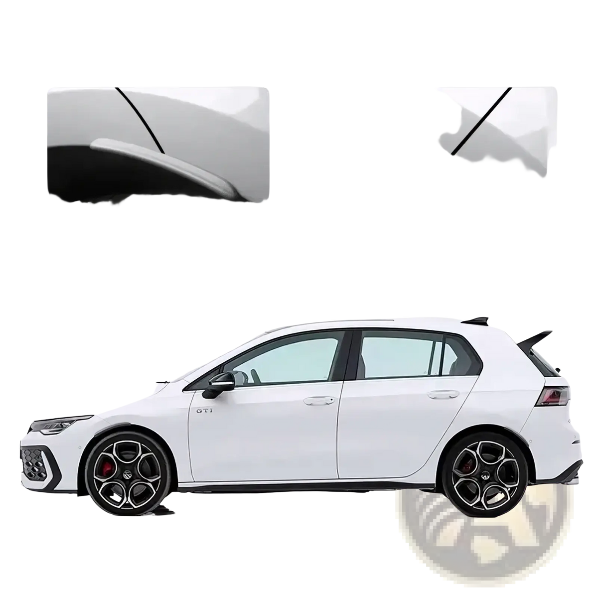 White Volkswagen Golf 8 with black alloy wheels and red brake calipers featuring Fender flares mud flaps arch trim