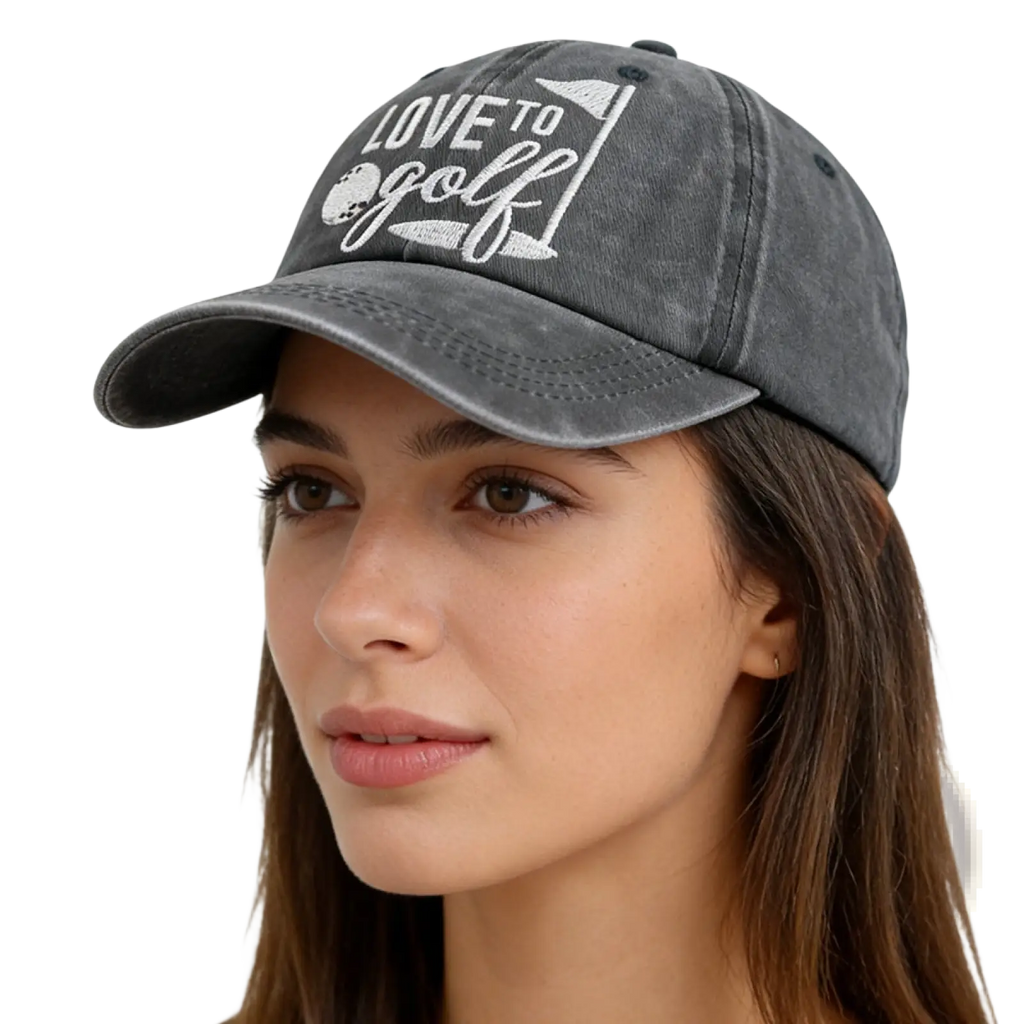 Dark gray distressed cotton baseball cap with white embroidered love to golf text and small flag design for golfing
