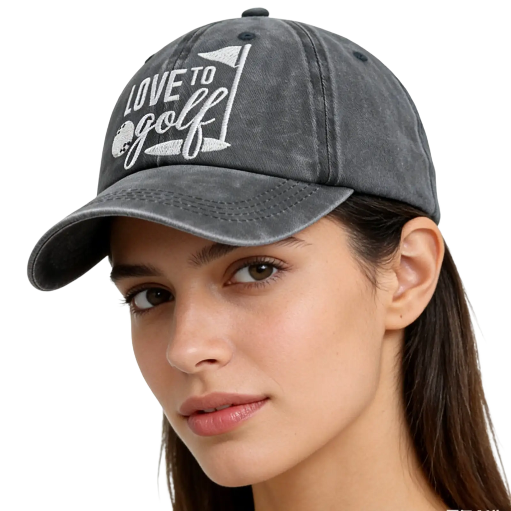 A dark gray distressed cotton golf baseball cap with white embroidered love to golf text and golf flag design