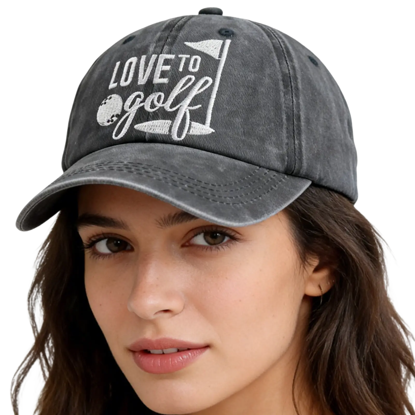 A faded gray cotton baseball cap embroidered with white love to golf text and a golf flag design