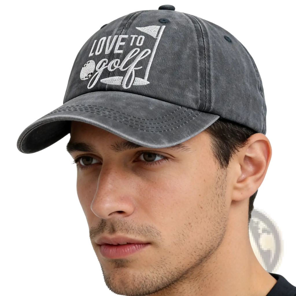 A faded gray cotton baseball cap embroidered with white love to golf design including golf ball, flagstick, and club