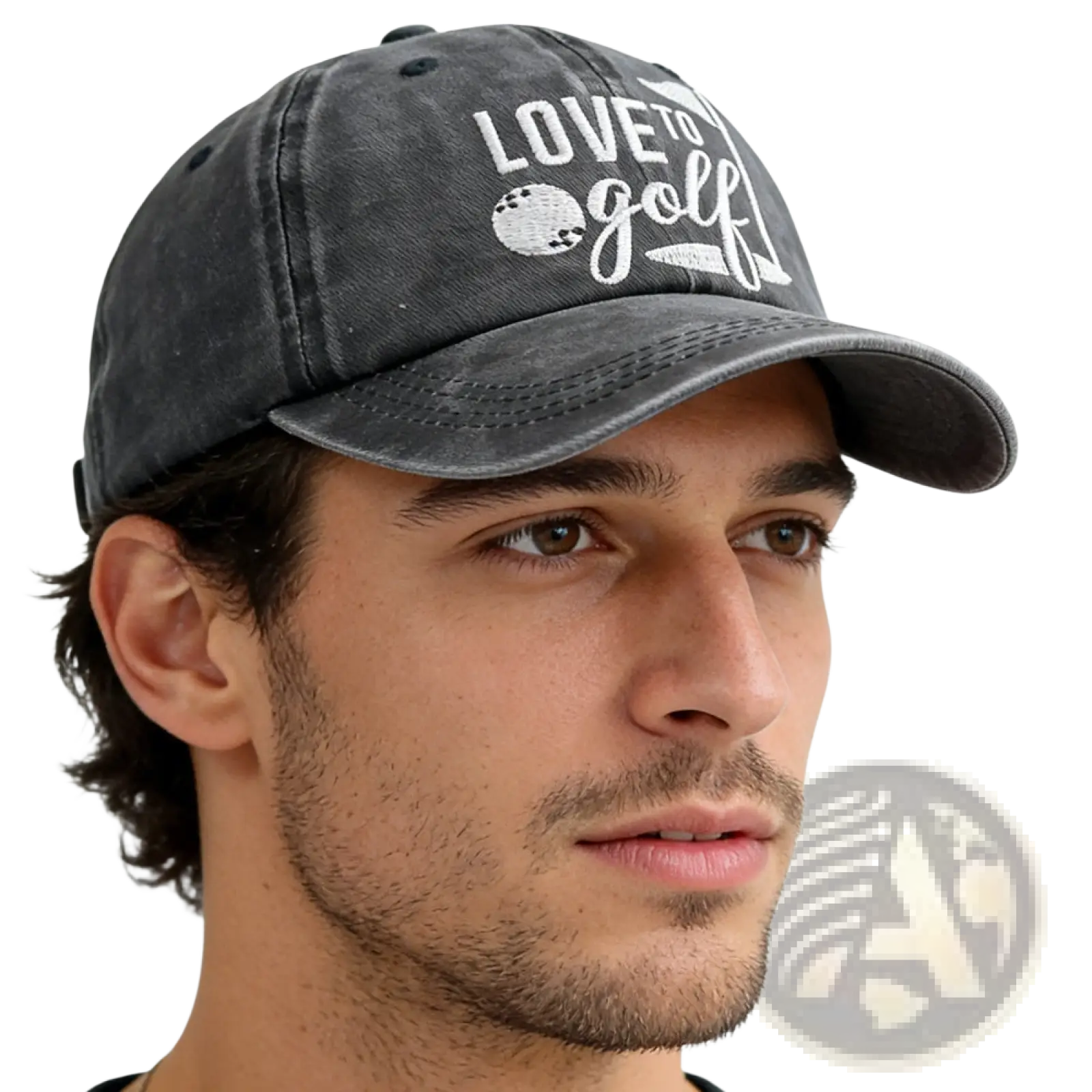 A dark gray cotton baseball cap with white embroidered love to golf text and golf ball and club design