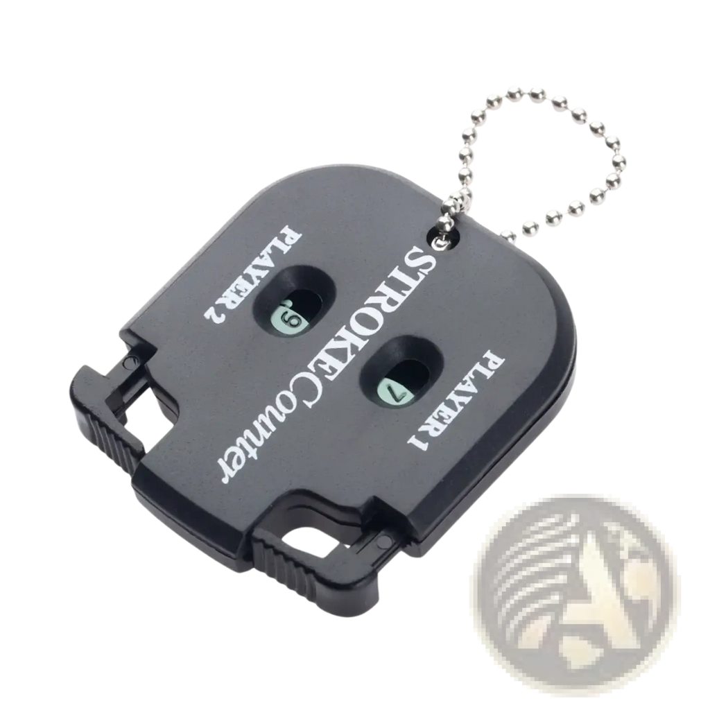 Black plastic golf stroke counter keychain with silver ball chain and green numbered dials for player 1 and 2