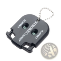 Black plastic golf stroke counter keychain with silver ball chain and green numbered dials for player 1 and 2