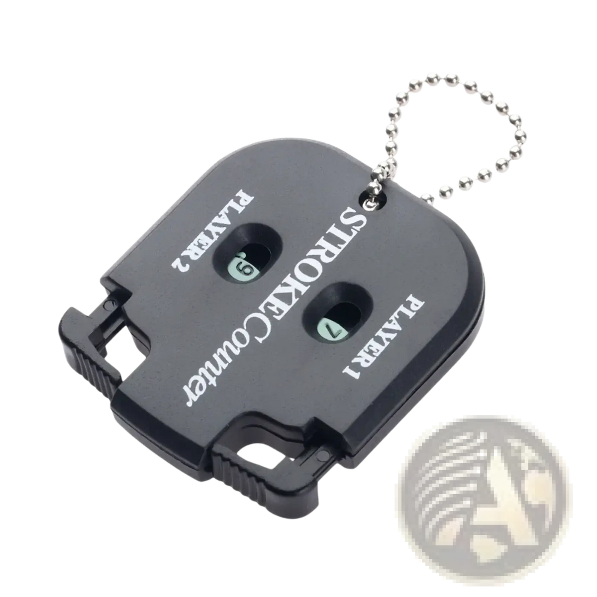 Black plastic golf stroke counter keychain with silver ball chain and green numbered dials for player 1 and 2