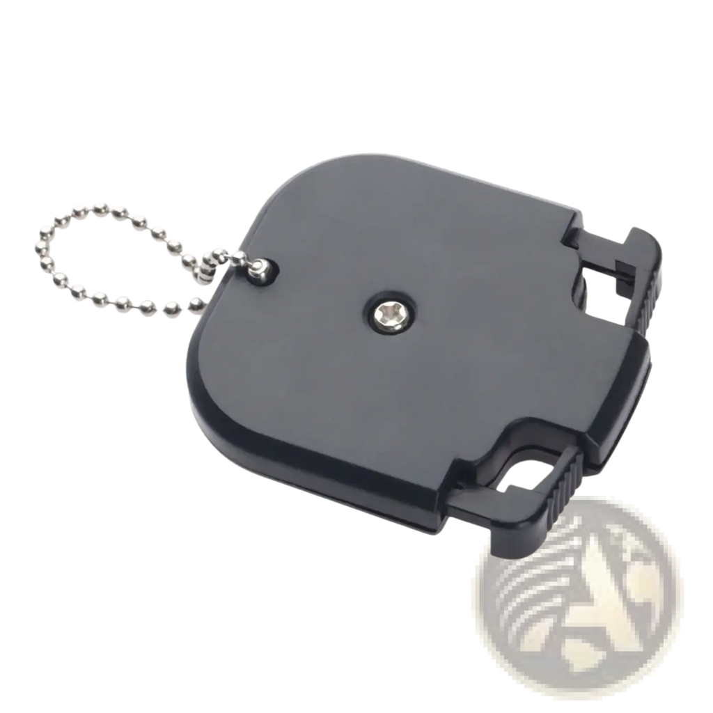 Black plastic golf stroke counter keychain with silver ball chain attachment for easy carrying