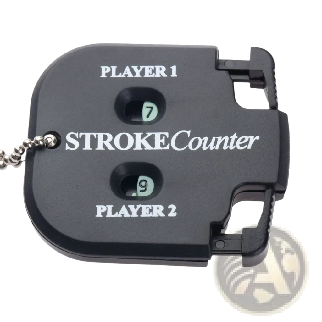 Black plastic golf stroke counter keychain with silver ball chain and two numbered windows for player 1 and player 2
