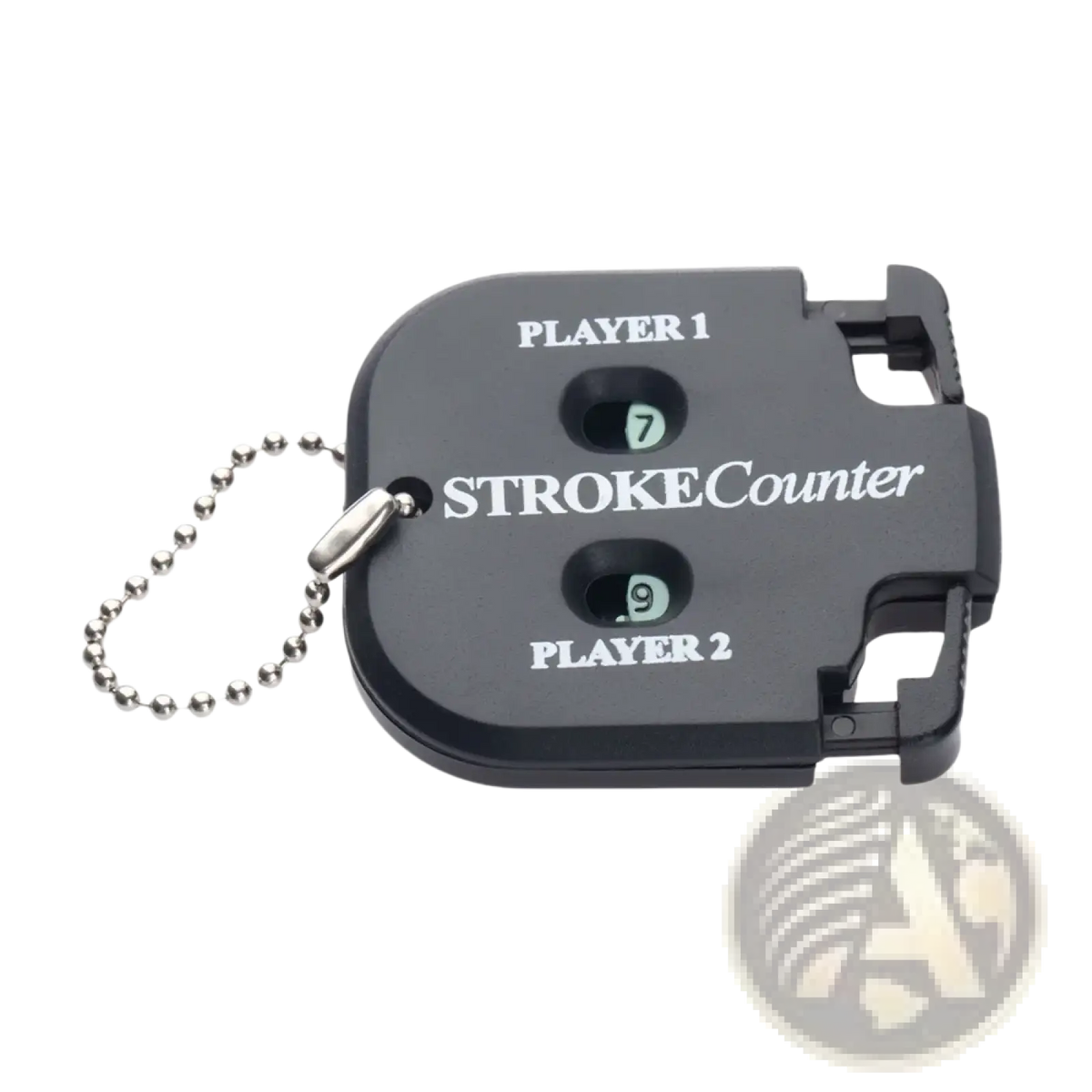 Black plastic golf stroke counter keychain with dual circular counters for player 1 and player 2 on silver chain