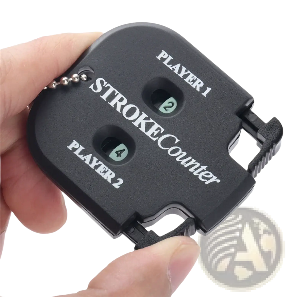 Black plastic golf stroke counter keychain with two numbered dials and a metal chain attachment for players