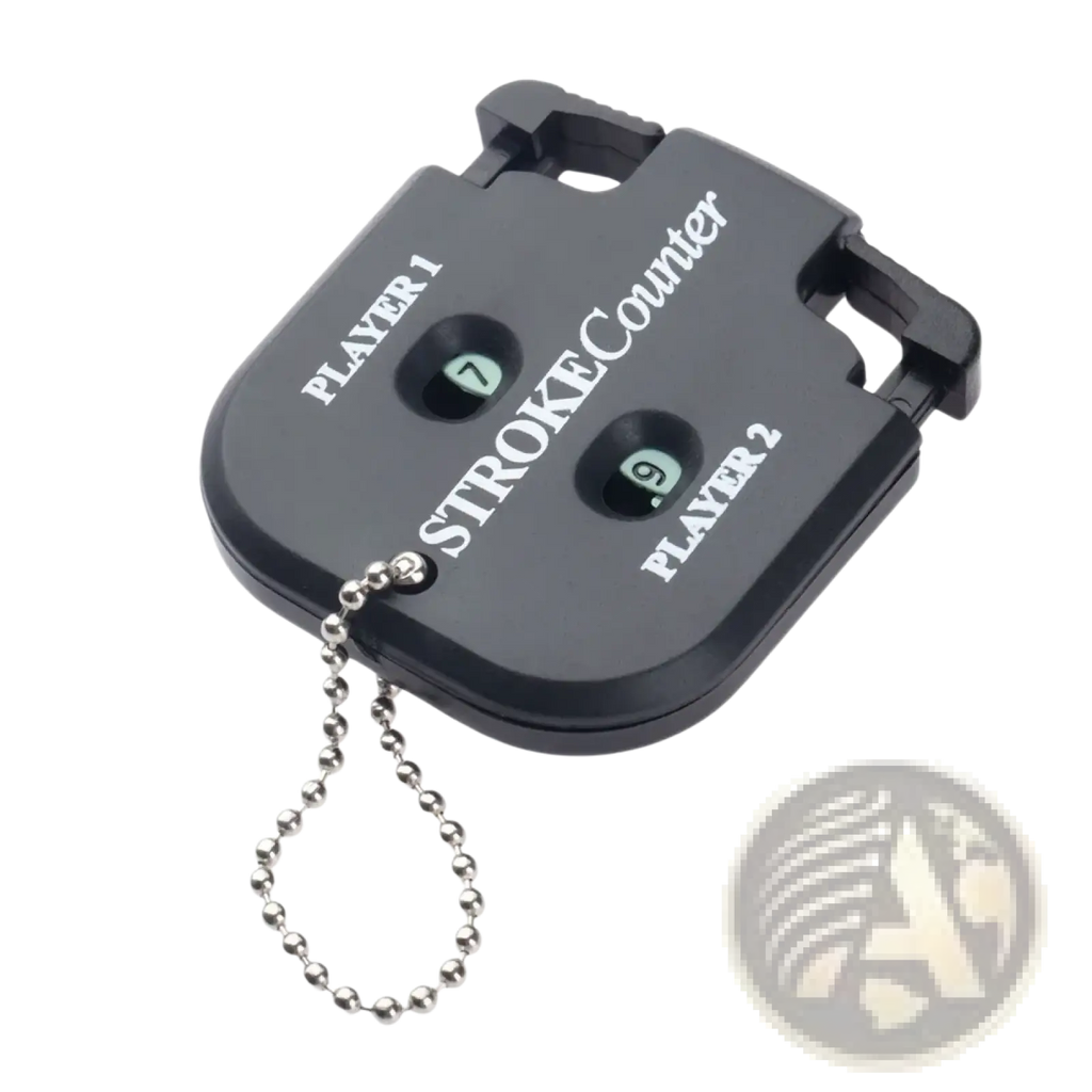 Black plastic golf stroke counter keychain with two circular displays showing scores for player 1 and player 2