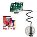 Black flexible arm gooseneck tablet stand with adjustable clamp base and universal holder for 4 to 11 inch devices