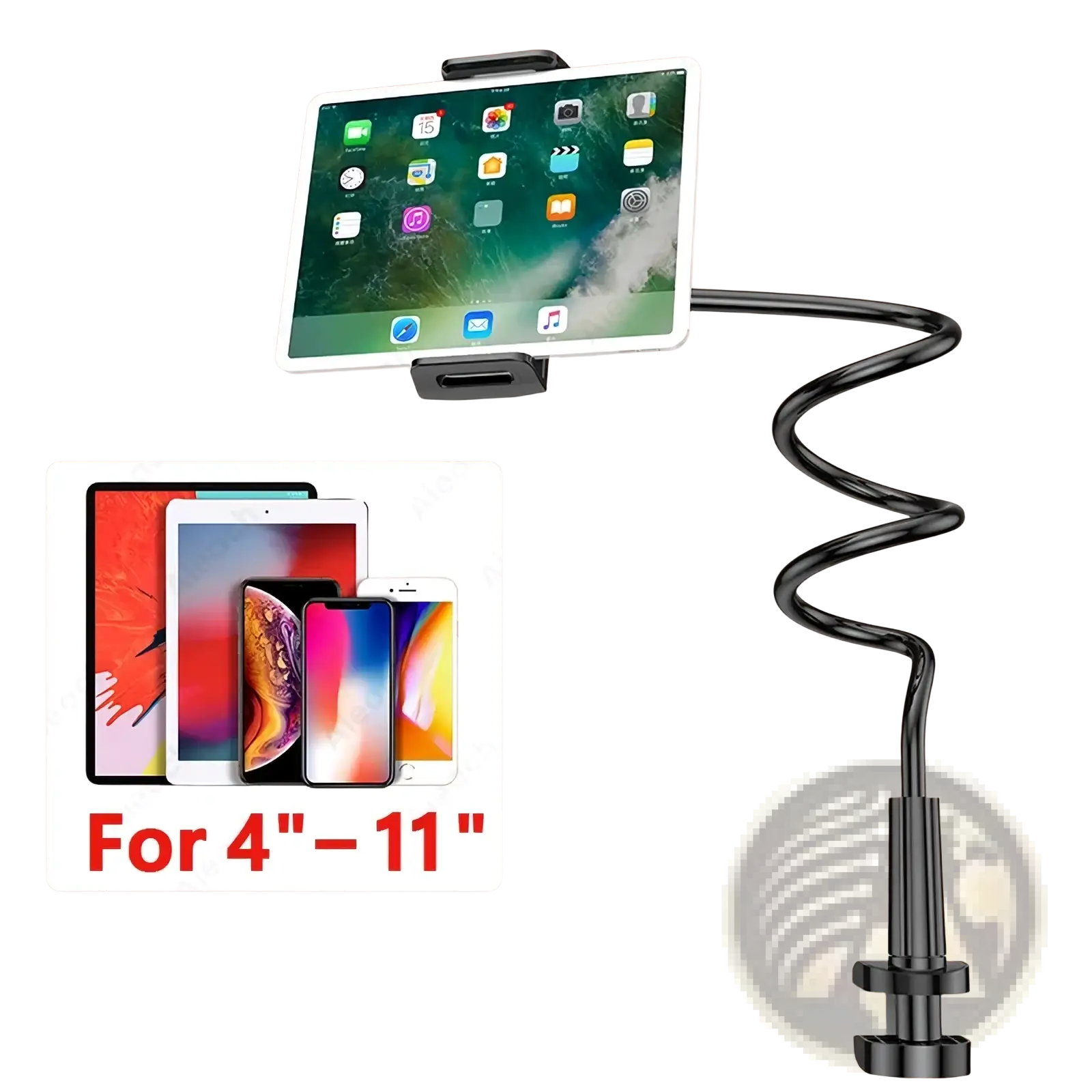 Black flexible arm gooseneck tablet stand with adjustable clamp base and universal holder for 4 to 11 inch devices