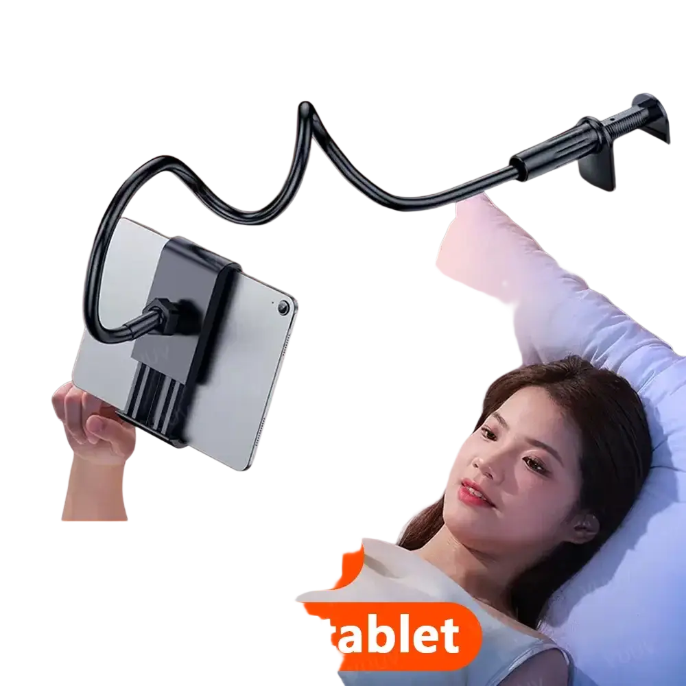 Black flexible gooseneck tablet stand with adjustable clamp for bed use showing the back side of the product