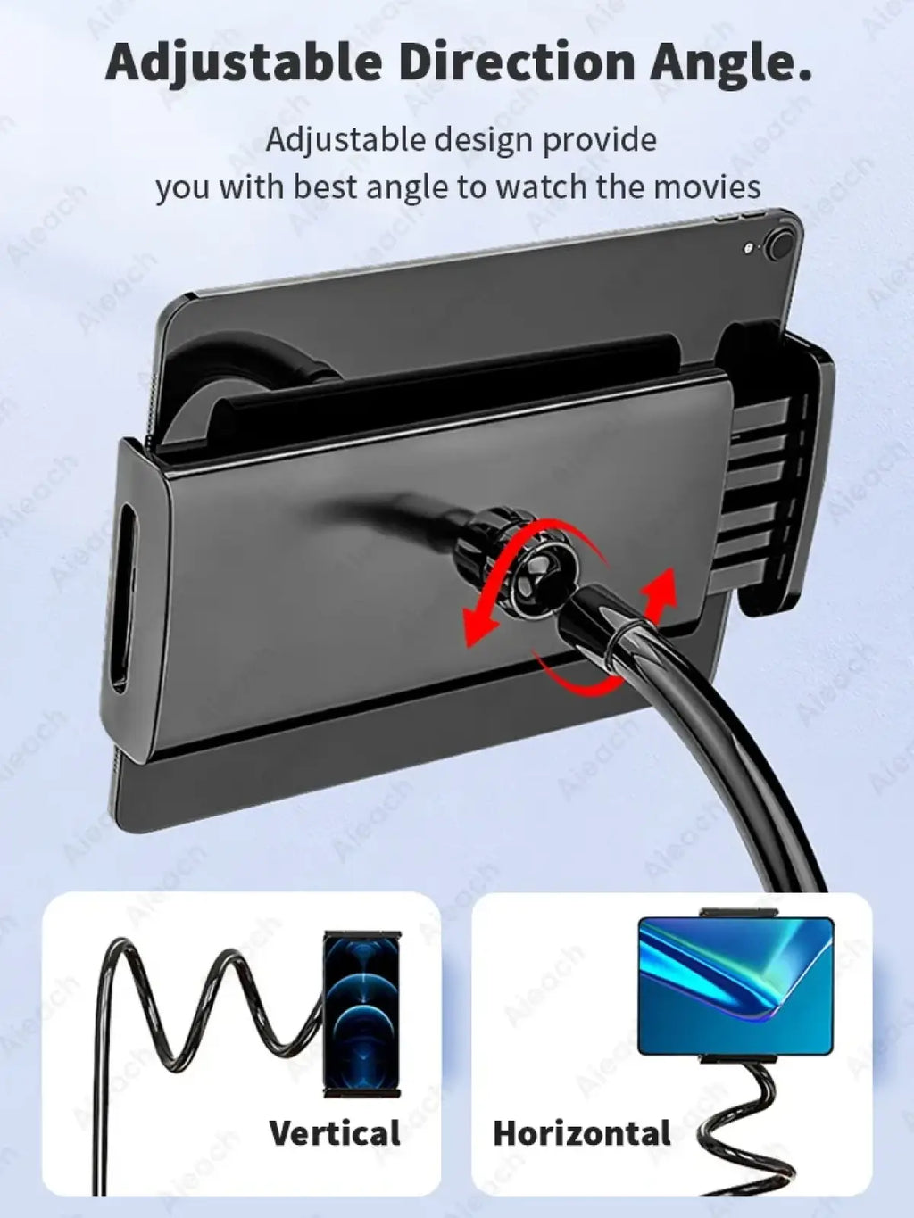 Black adjustable gooseneck phone stand with flexible arm and rotating clamp for vertical or horizontal viewing