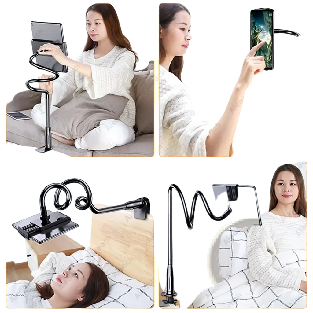 Black flexible gooseneck tablet stand with adjustable clamp base for bed use featuring long arm design