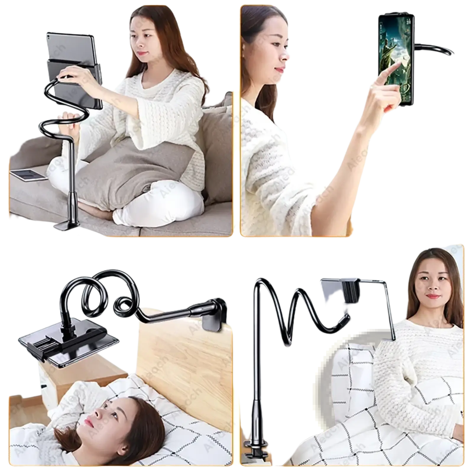 Black flexible gooseneck tablet stand with adjustable clamp base for bed use featuring long arm design