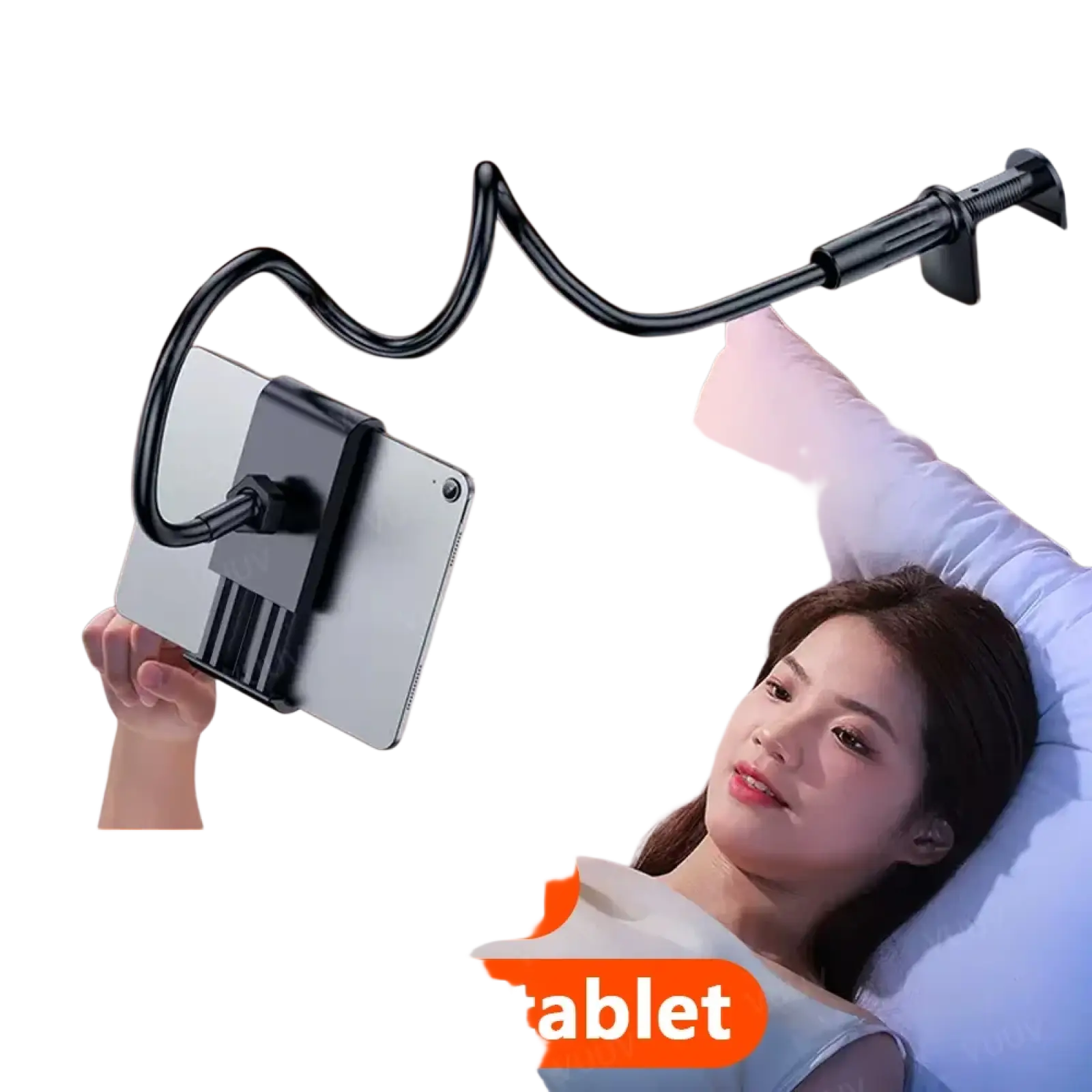 Black flexible gooseneck tablet stand with adjustable clamp for bed use showing the back side of the product