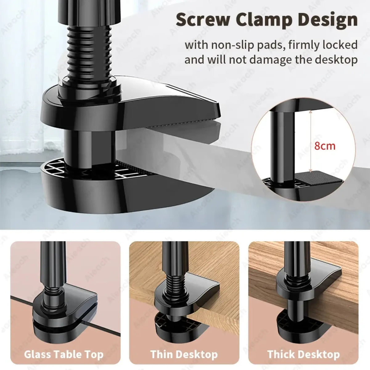 Black screw clamp with non-slip pads for secure desk attachment on gooseneck tablet stand flexible long arm bed clamp