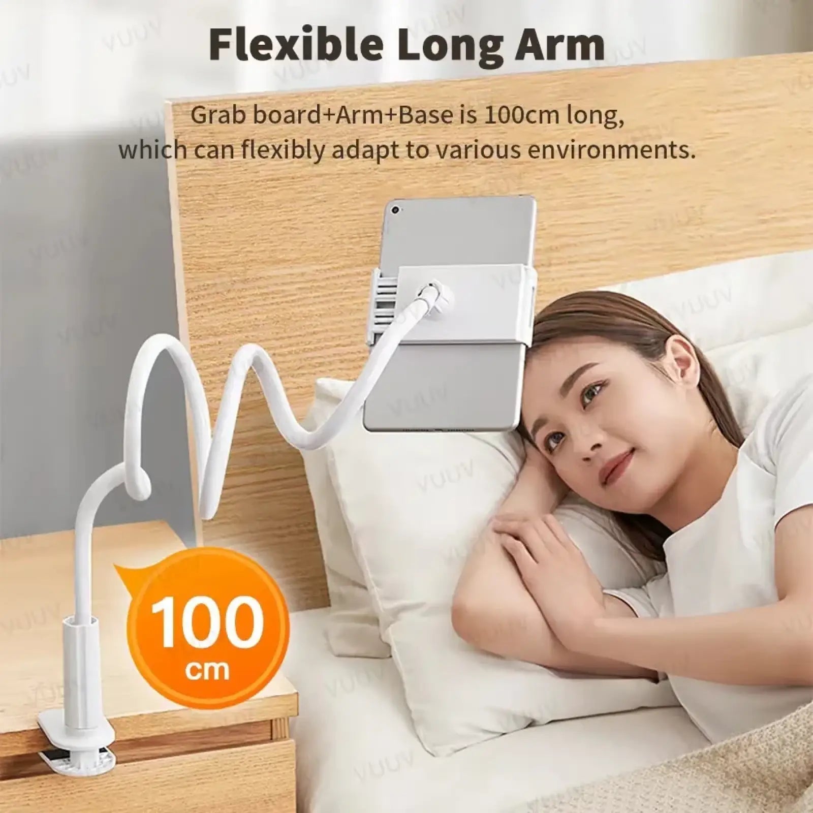 White flexible long arm gooseneck tablet stand with adjustable bendable arms and a clamp base for bed use
