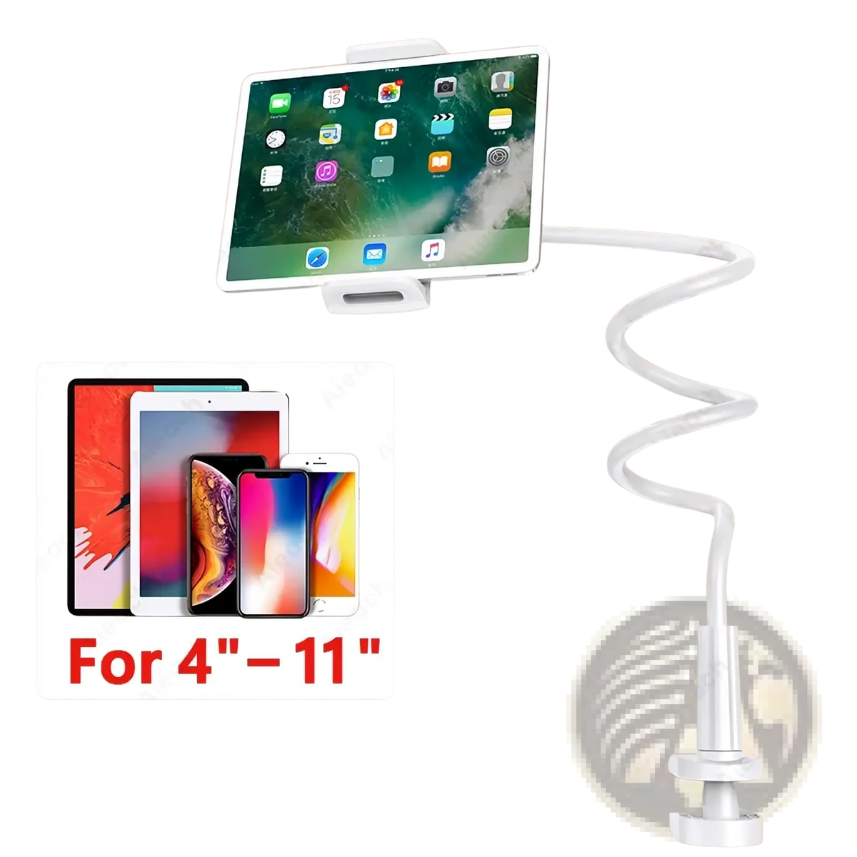 White gooseneck tablet stand with flexible long arm and adjustable clamp base for devices 4 to 11 inches