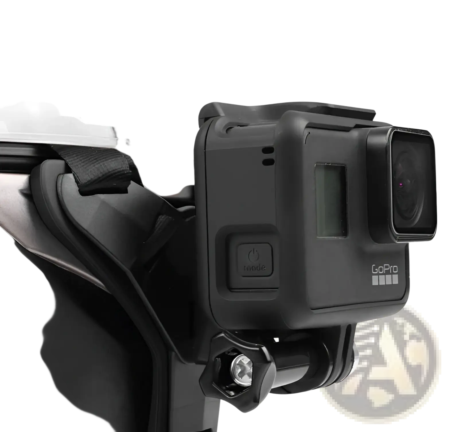 Black GoPro helmet chin mount with integrated bracket securely holding action camera for DJI Hero 7 6 5 use