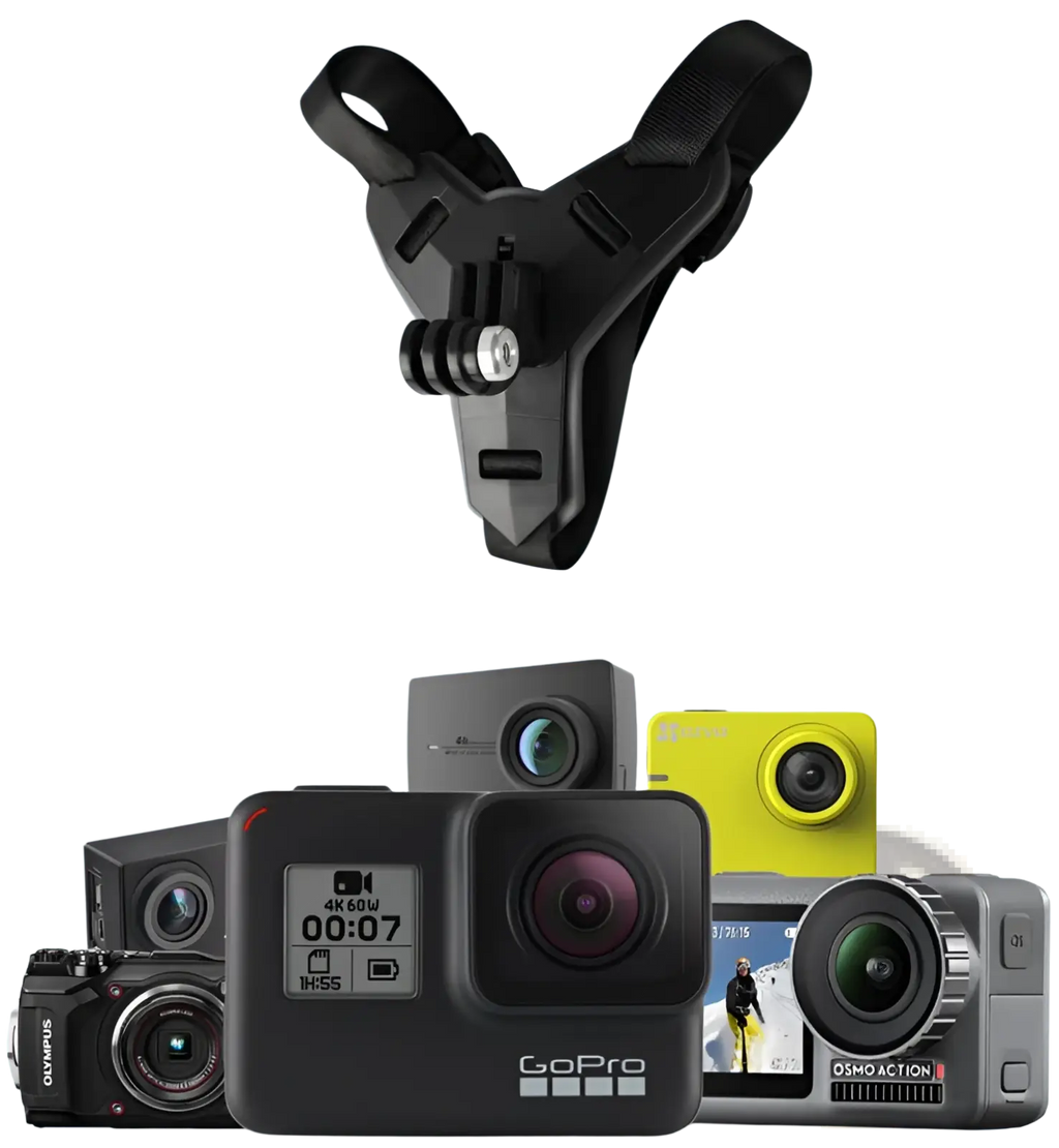 Black gopro helmet chin mount with adjustable straps and central mounting plate for dji hero 7 6 5 shown from the back side