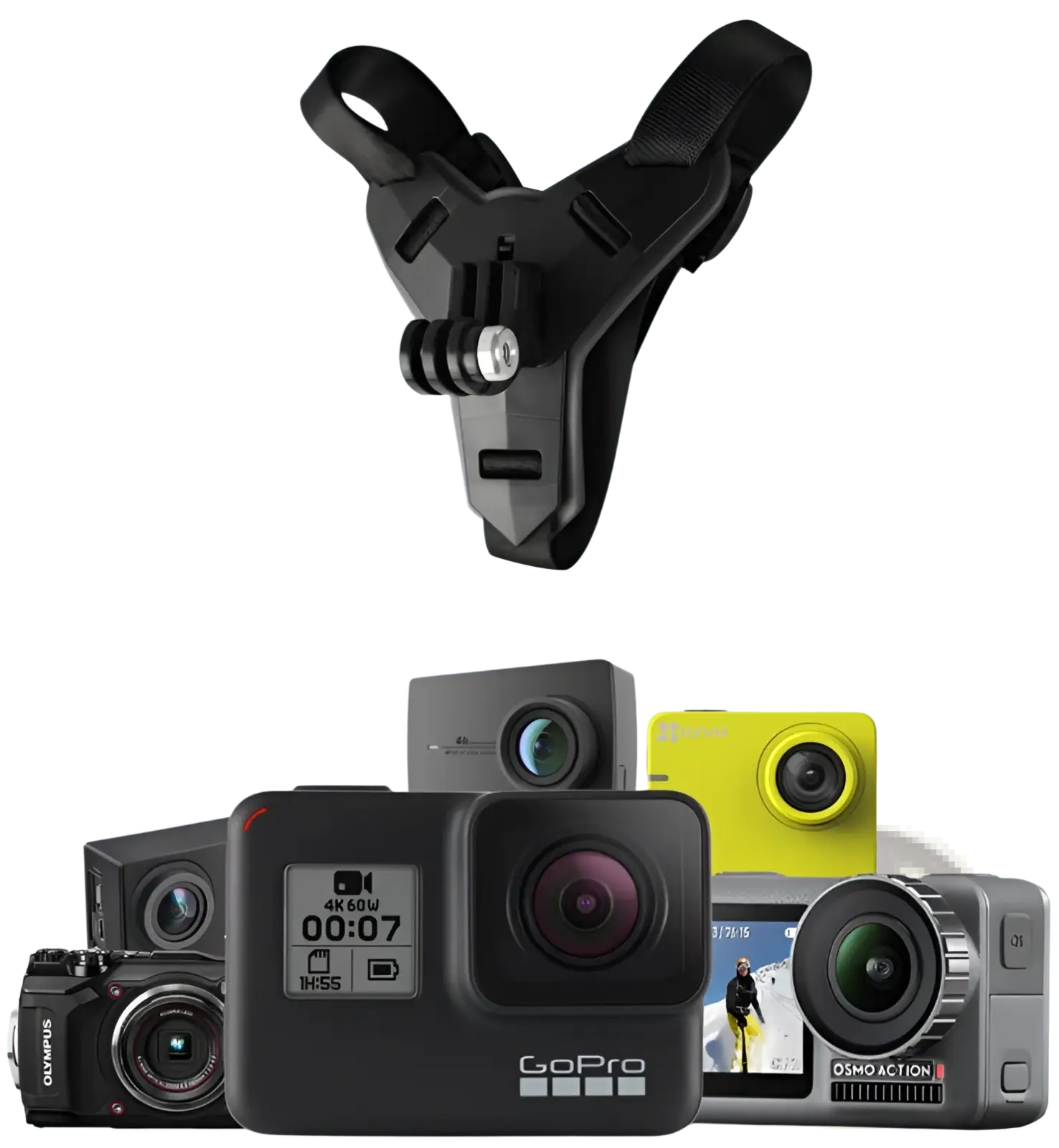 Black gopro helmet chin mount with adjustable straps and central mounting plate for dji hero 7 6 5 shown from the back side