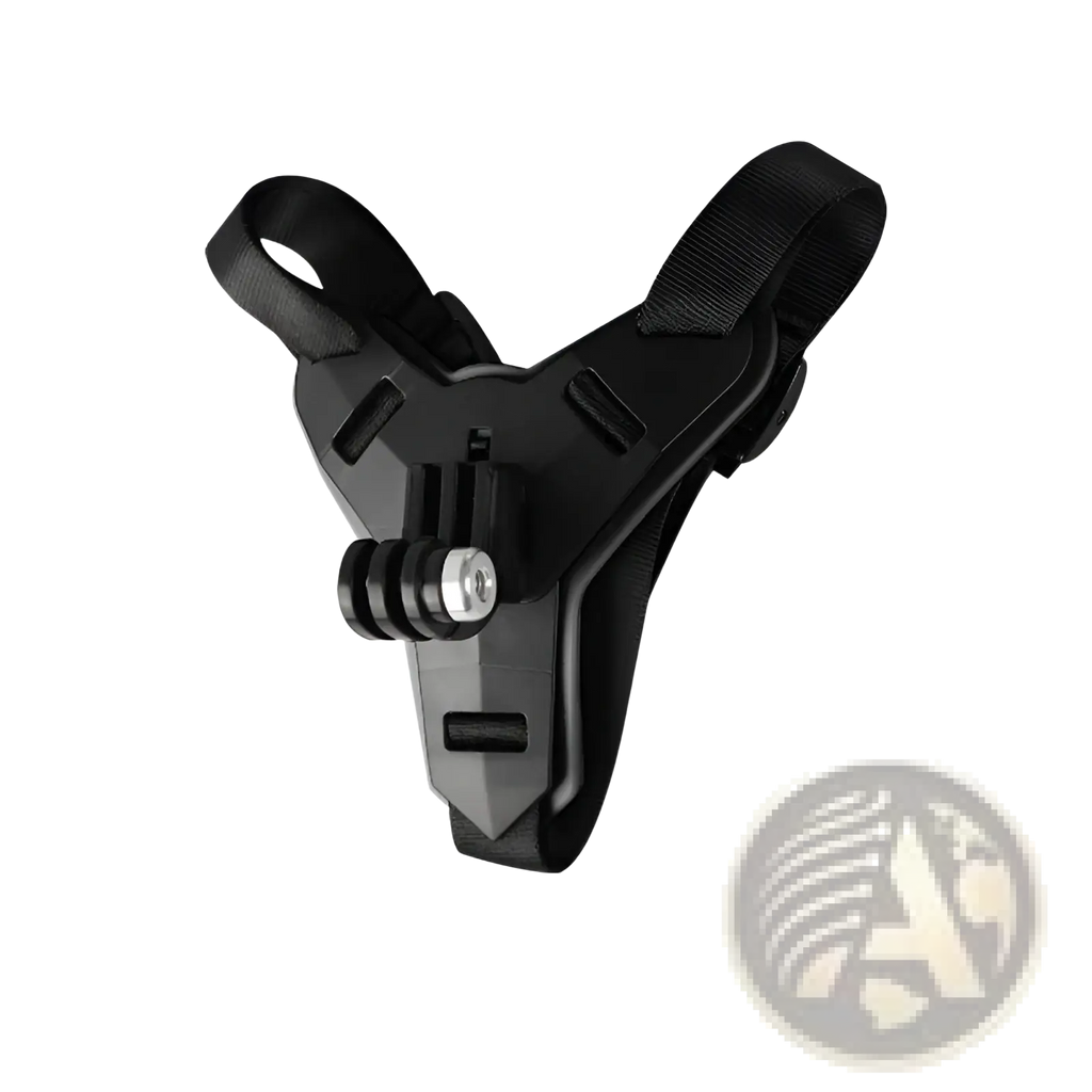 Black plastic and fabric go pro helmet chin mount with adjustable straps for securing dji hero 7 6 5 camera