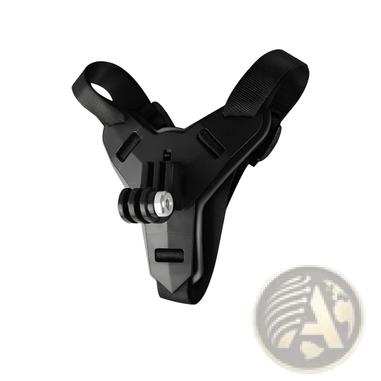 Black plastic and fabric go pro helmet chin mount with adjustable straps for securing dji hero 7 6 5 camera