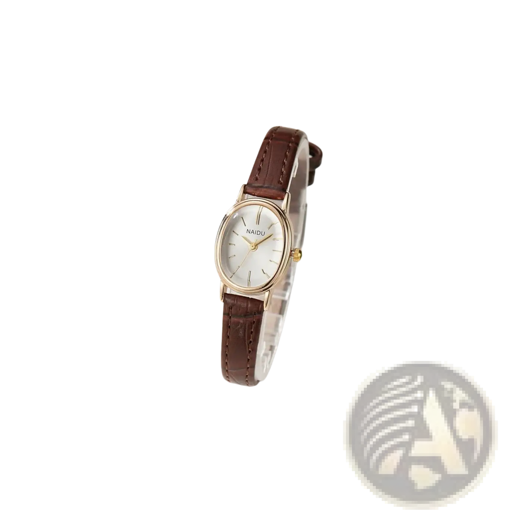 A gorben oval quartz ladies watch with a gold-tone case white dial and brown leather strap