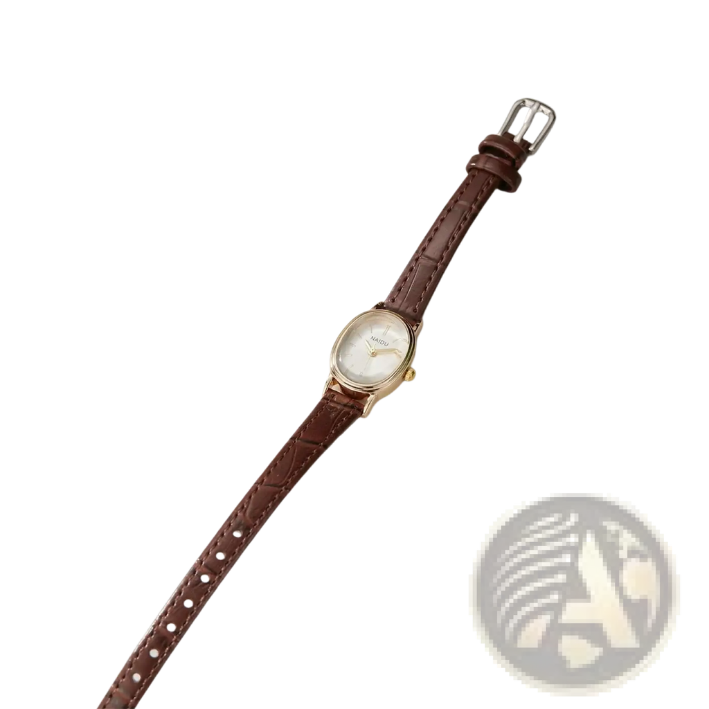 Gorben oval quartz ladies watch with a gold-toned case, white dial, and brown leather strap with subtle stitching