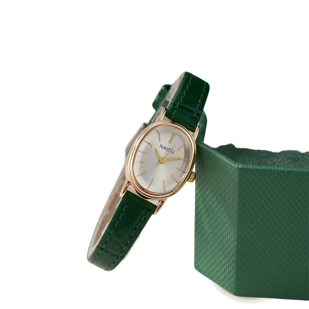 Gorben oval quartz ladies watch with rose gold case white dial and emerald green leather strap with stitching