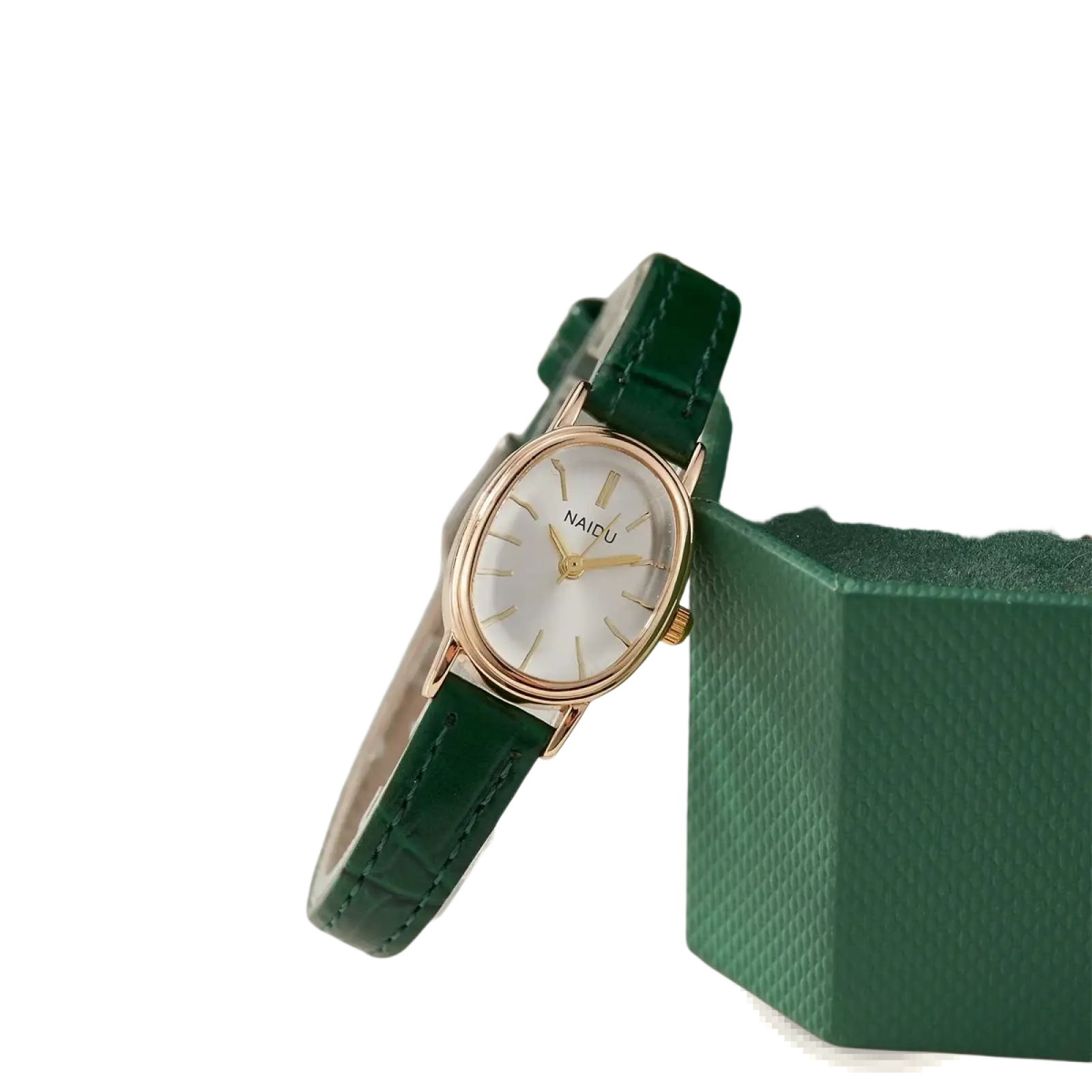 Gorben oval quartz ladies watch with rose gold case white dial and emerald green leather strap with stitching