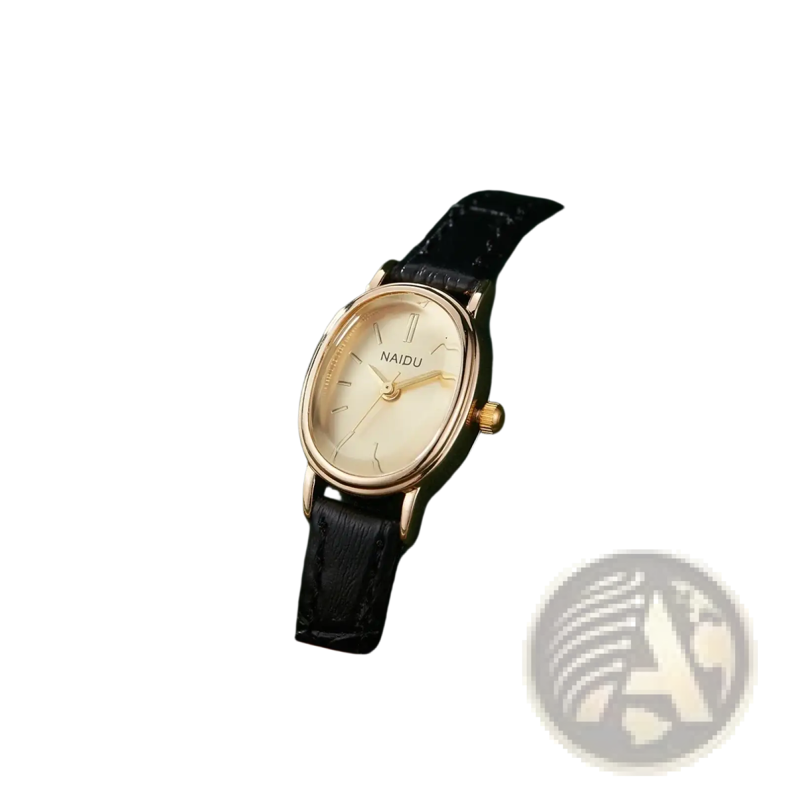 An elegant naidu watch with gold-toned oval case cream dial minimalist markers and black leather strap for ladies