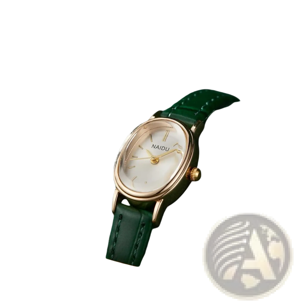 Gorben oval quartz ladies watch with rose gold case mother-of-pearl dial and emerald green leather strap