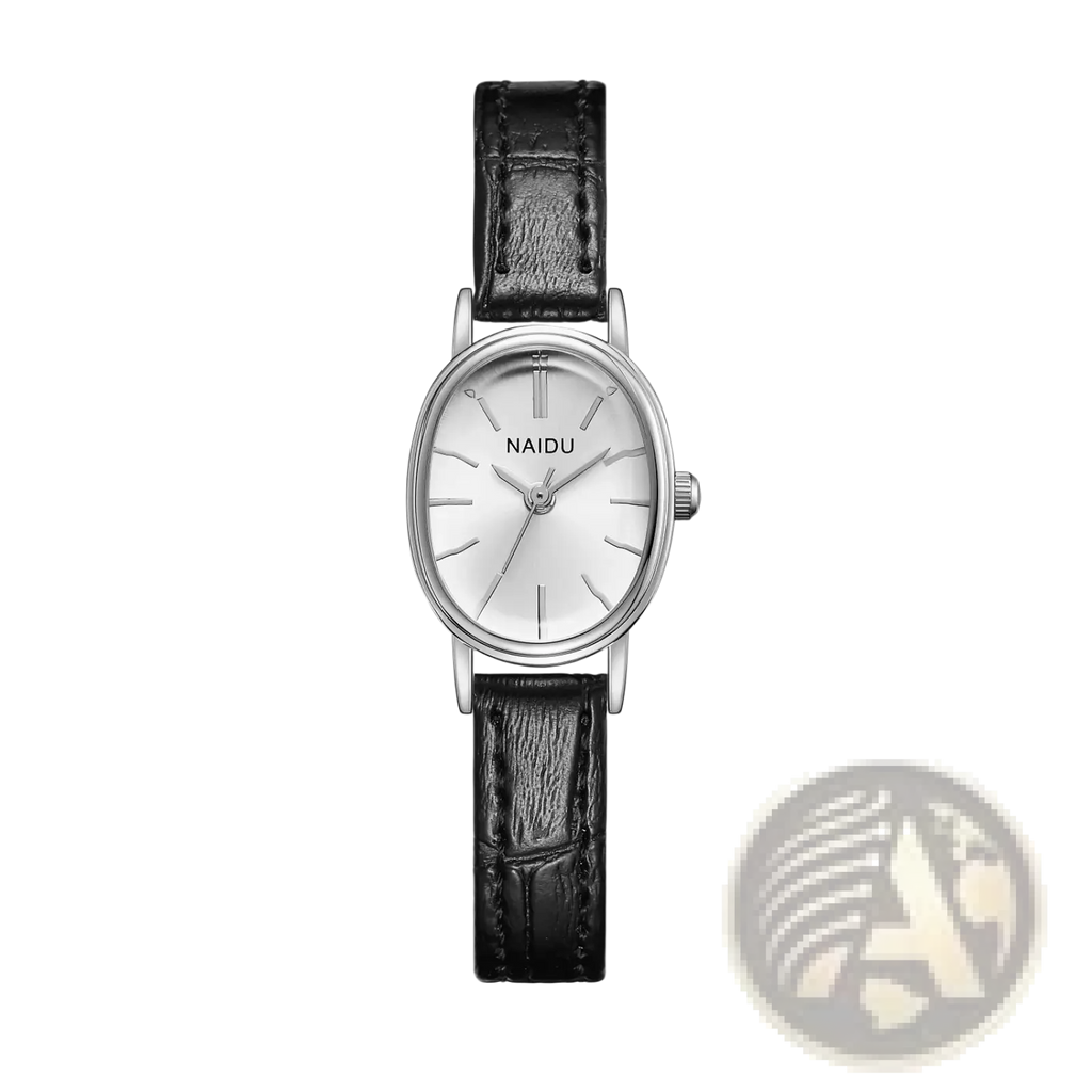 A gorben oval quartz ladies watch with a sleek silver-toned minimalist dial and black crocodile-patterned leather strap