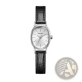 A gorben oval quartz ladies watch with a sleek silver-toned minimalist dial and black crocodile-patterned leather strap