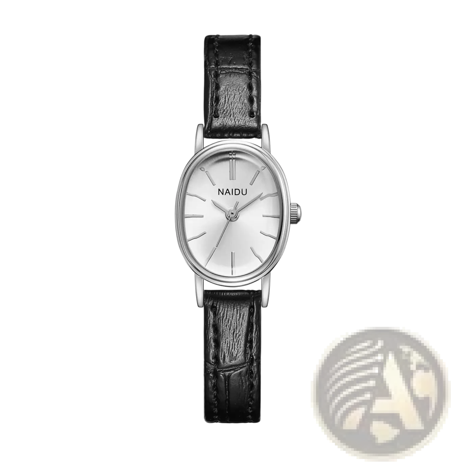 A gorben oval quartz ladies watch with a sleek silver-toned minimalist dial and black crocodile-patterned leather strap