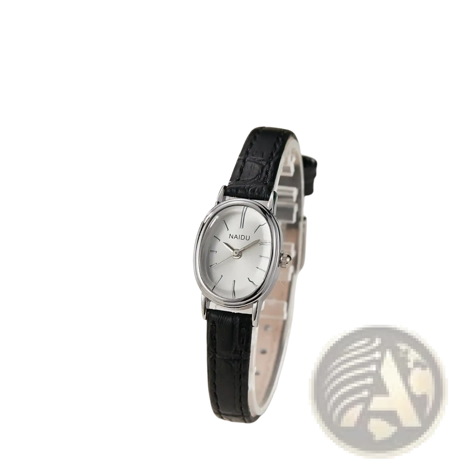 A sleek silver naidu watch with a minimalist white dial and black crocodile leather strap for elegant wear