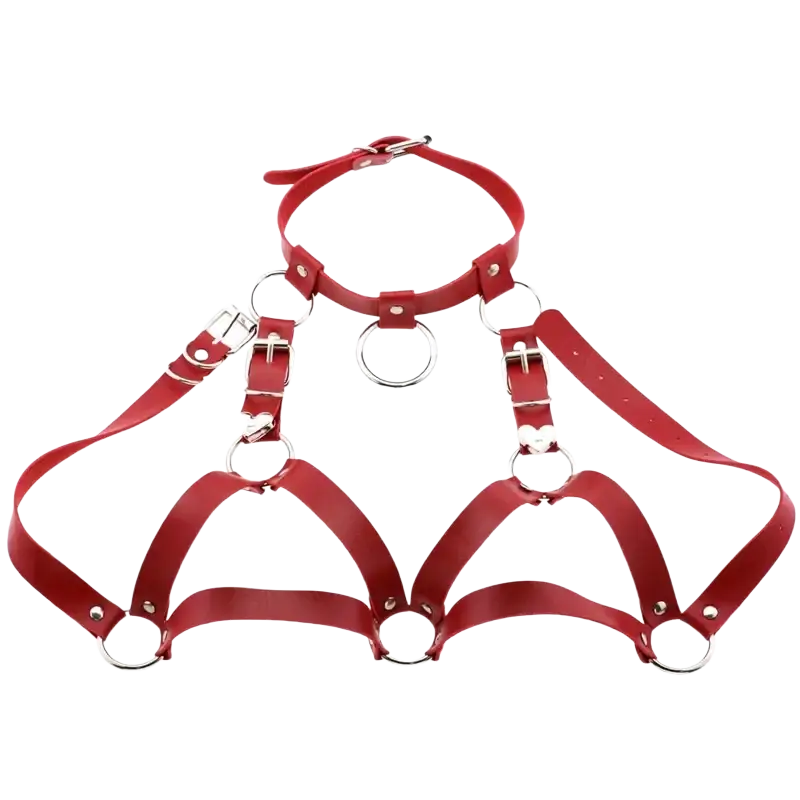 Red leather goth body harness with silver metal rings and buckles for black goth body jewelry style