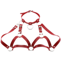 Red leather goth body harness with silver metal rings and buckles for black goth body jewelry style