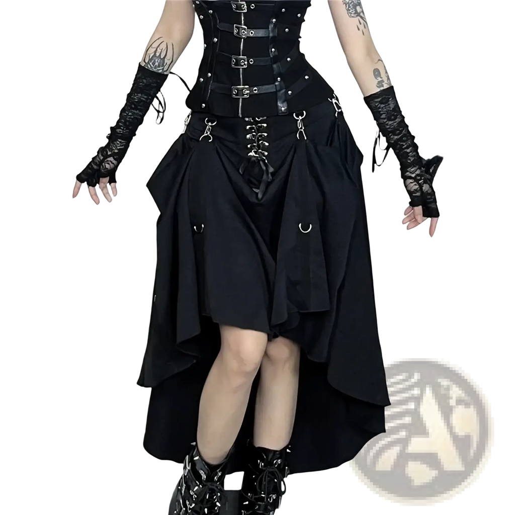 Black gothic corset skirt with high waist, layered skirt, and metallic buckles in a gothic fashion style