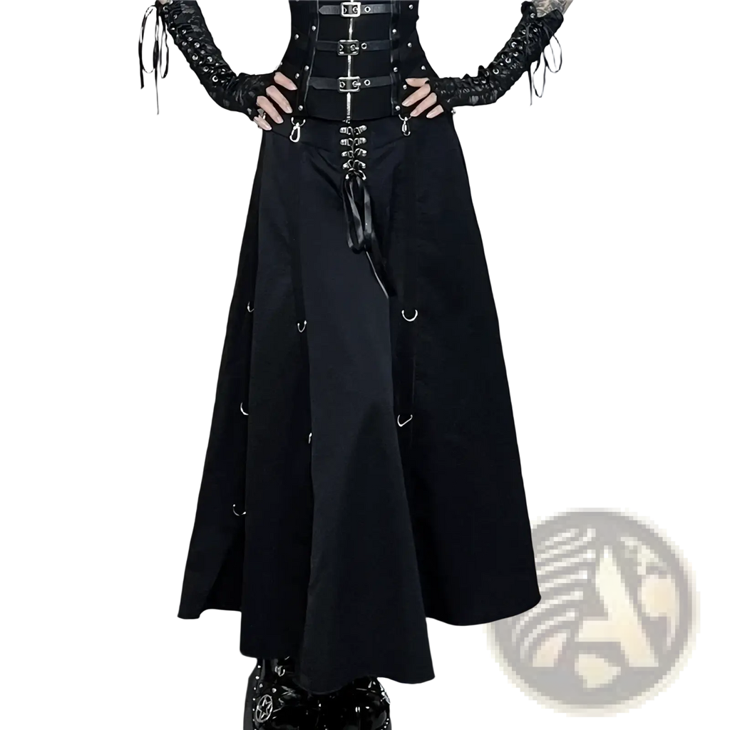 Black gothic high waist corset skirt with silver metal buckles and lace-up detailing paired with matching black gloves