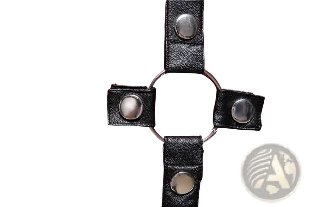 Black leather strap with silver-toned cross fastening on deep red fabric of goth short sleeve dress shirt back side