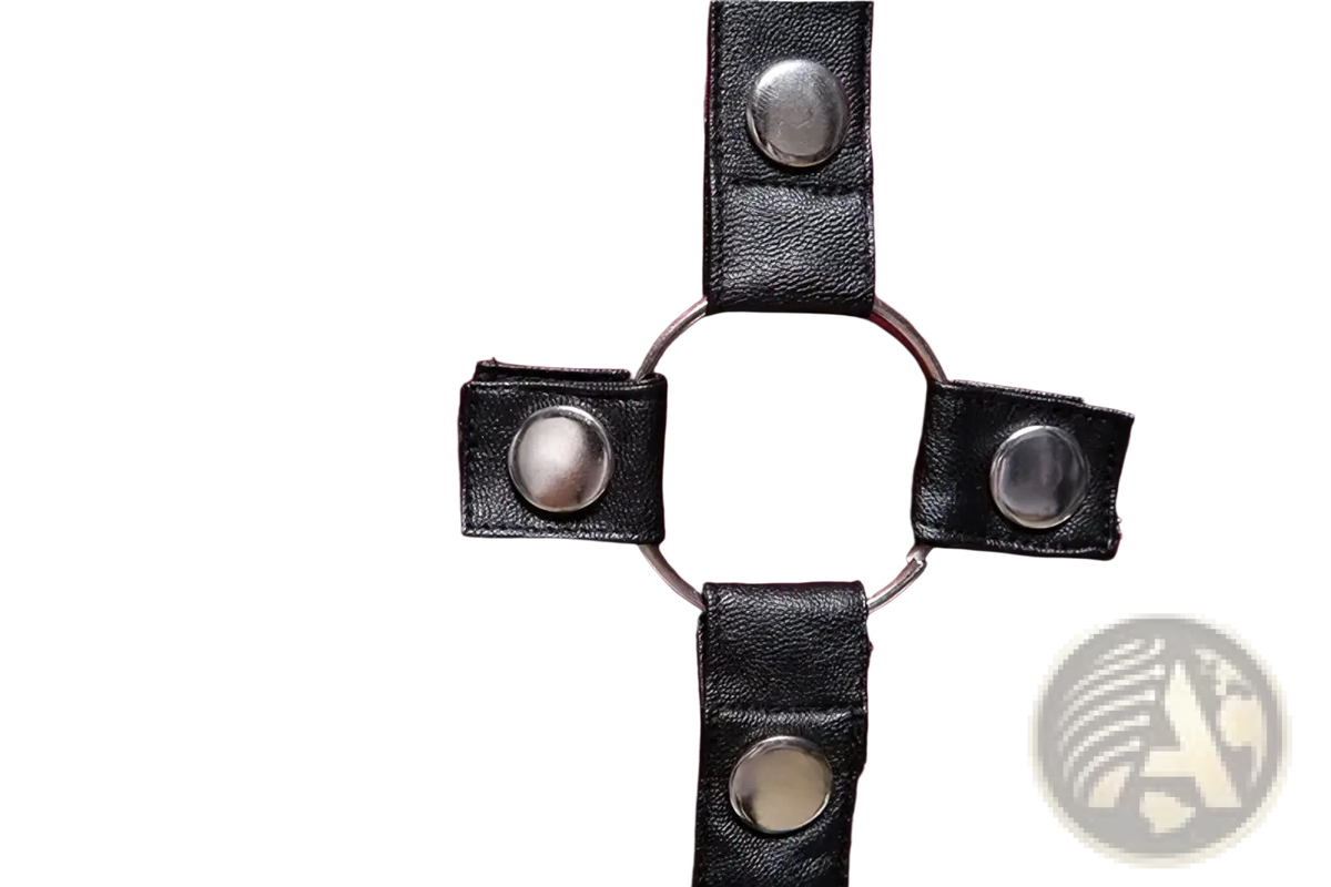 Black leather strap with silver-toned cross fastening on deep red fabric of goth short sleeve dress shirt back side