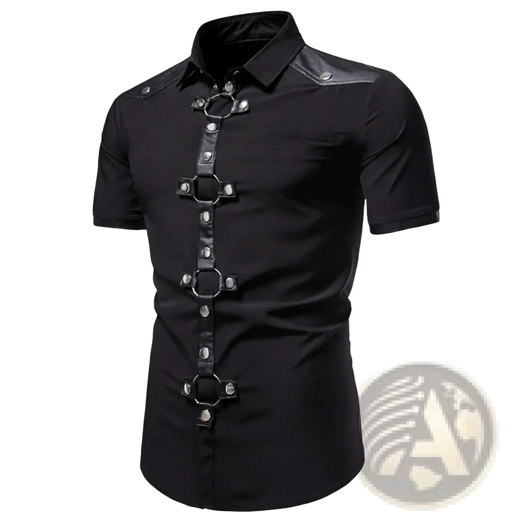 Black goth short sleeve dress shirt with leather shoulder accents and metal ring front closure by maple king