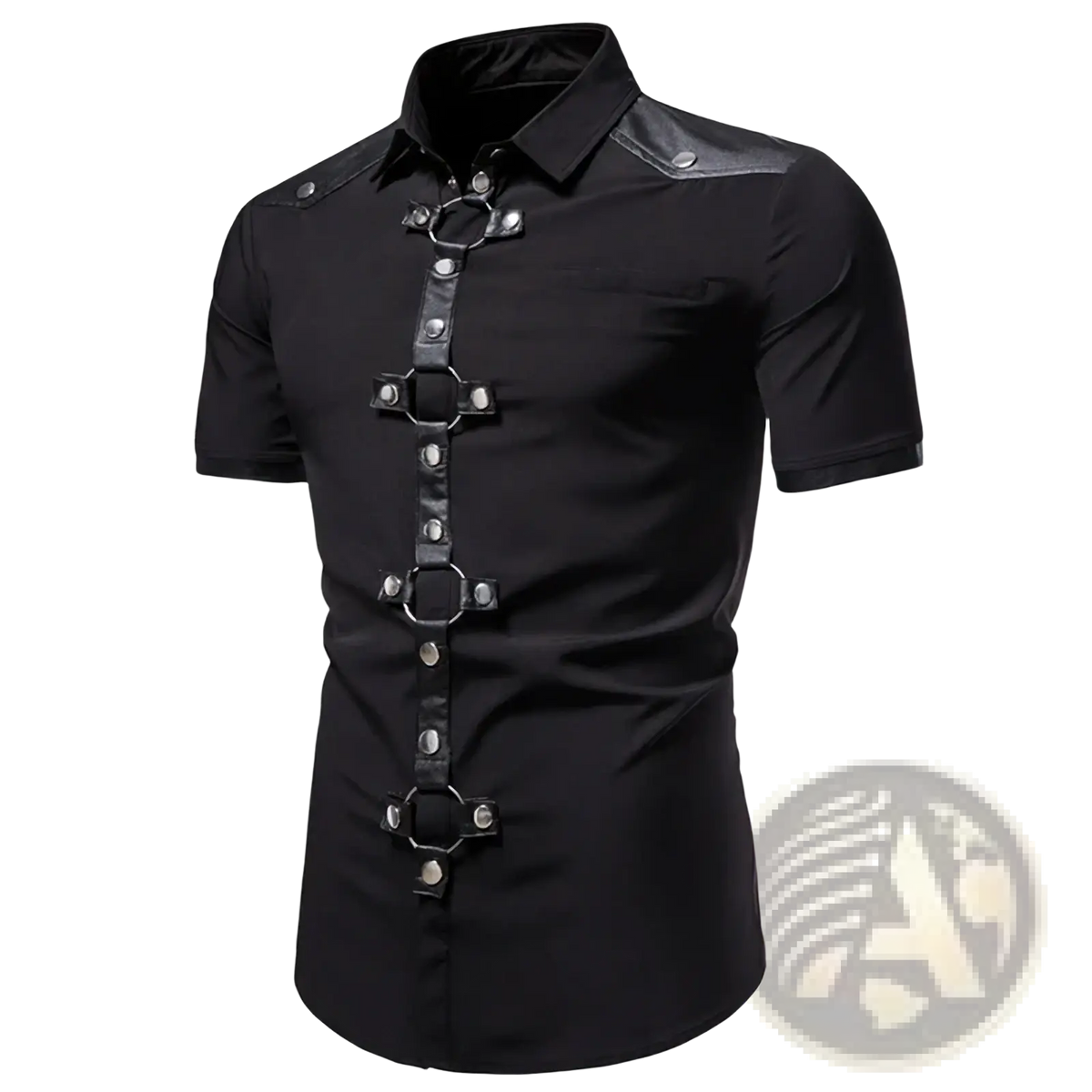 Black goth short sleeve dress shirt with leather shoulder accents and metal ring front closure by maple king
