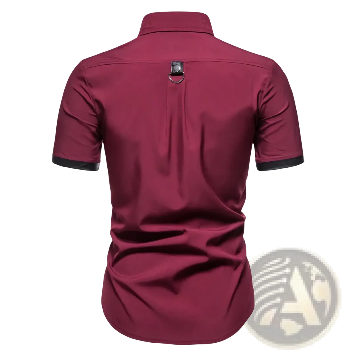 Goth short sleeve dress shirt showing back with maroon fabric black trim and metallic ring detail at neck
