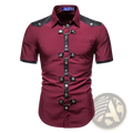 Goth short sleeve dress shirt in maroon with black leather shoulder accents and black metal ring front closure